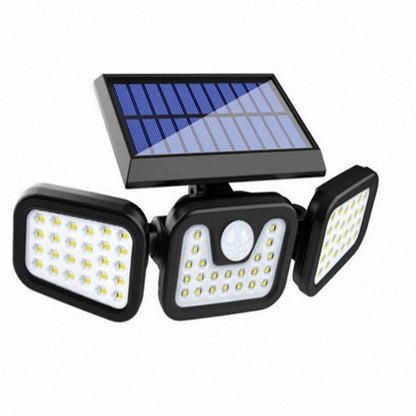 Lampa Solara LED Exterior cu 3 Capete, Senzor de Miscare 270°, 74 LED-uri, Control Remote, Iluminat Puternic pentru Curte, Gradina, Garaj – Proiector