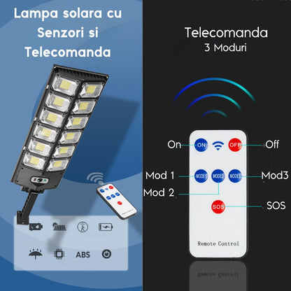 Lampă Solară VISURON  – Proiector Exterior cu 420 LED-uri, 10 Casete, Panou Solar Integrat, Telecomandă & Senzor de Mișcare, IP67