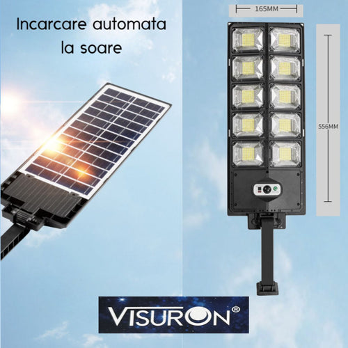 Lampă Solară VISURON  – Proiector Exterior cu 420 LED-uri, 10 Casete, Panou Solar Integrat, Telecomandă & Senzor de Mișcare, IP67