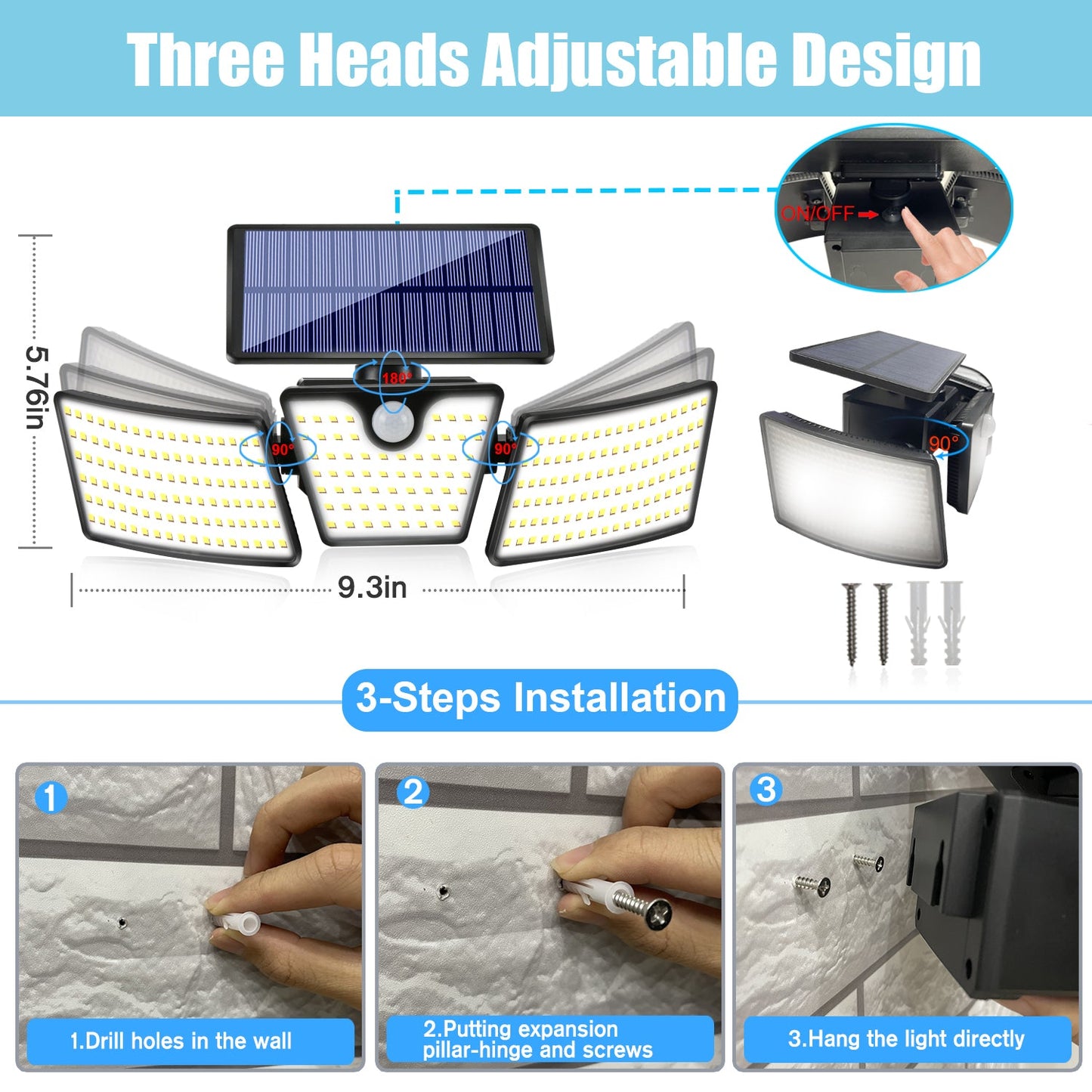 Proiector Solar LED Exterior cu 3 Capete, Senzor de Miscare 270°, 74 LED-uri, Iluminat Puternic pentru Curte si Gradina, Lampă Solară de Perete cu