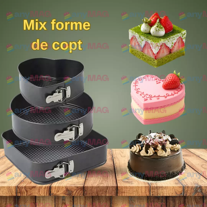 Set 3 Tăvi Tort – Forme Rotundă, Pătrată și Inimă, cu Fund Detașabil, Antiaderente
