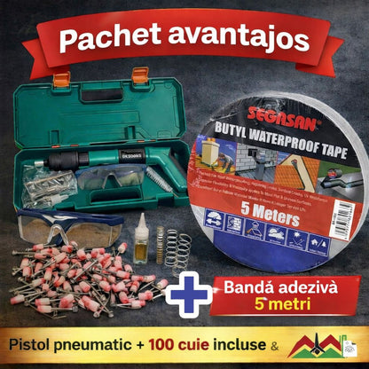 Pachet Pistol Pneumatic Profesional + CADOU ă impermeabilă din butil – Set Complet cu Accesorii, Cutie Transport și 100 Cuie Incluse