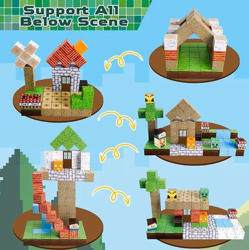 Set Construcție Magnetic 100 Piese „Cabana din Pădure” – Jucărie Educativă STEM Copii 3+ | Joc Creativ cu Magneți, Dezvoltă Imaginația și Motricitatea