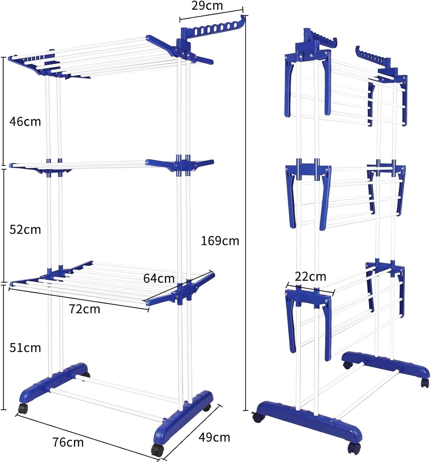 Uscător de rufe vertical pliabil cu 3 nivele, 170 cm, cu roți și suport umerașe – compact, mobil și rezistent