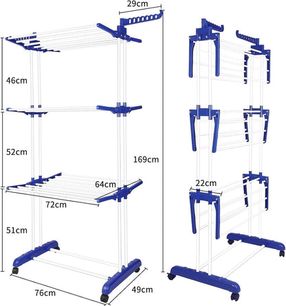 Uscător de rufe vertical pliabil cu 3 nivele, 170 cm, cu roți și suport umerașe – compact, mobil și rezistent