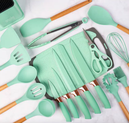 Set Ustensile Bucătărie Premium – 19 Piese din Silicon Alimentar și Lemn Natural, Termorezistente, Antiaderente, cu Suport de Blat Inclus