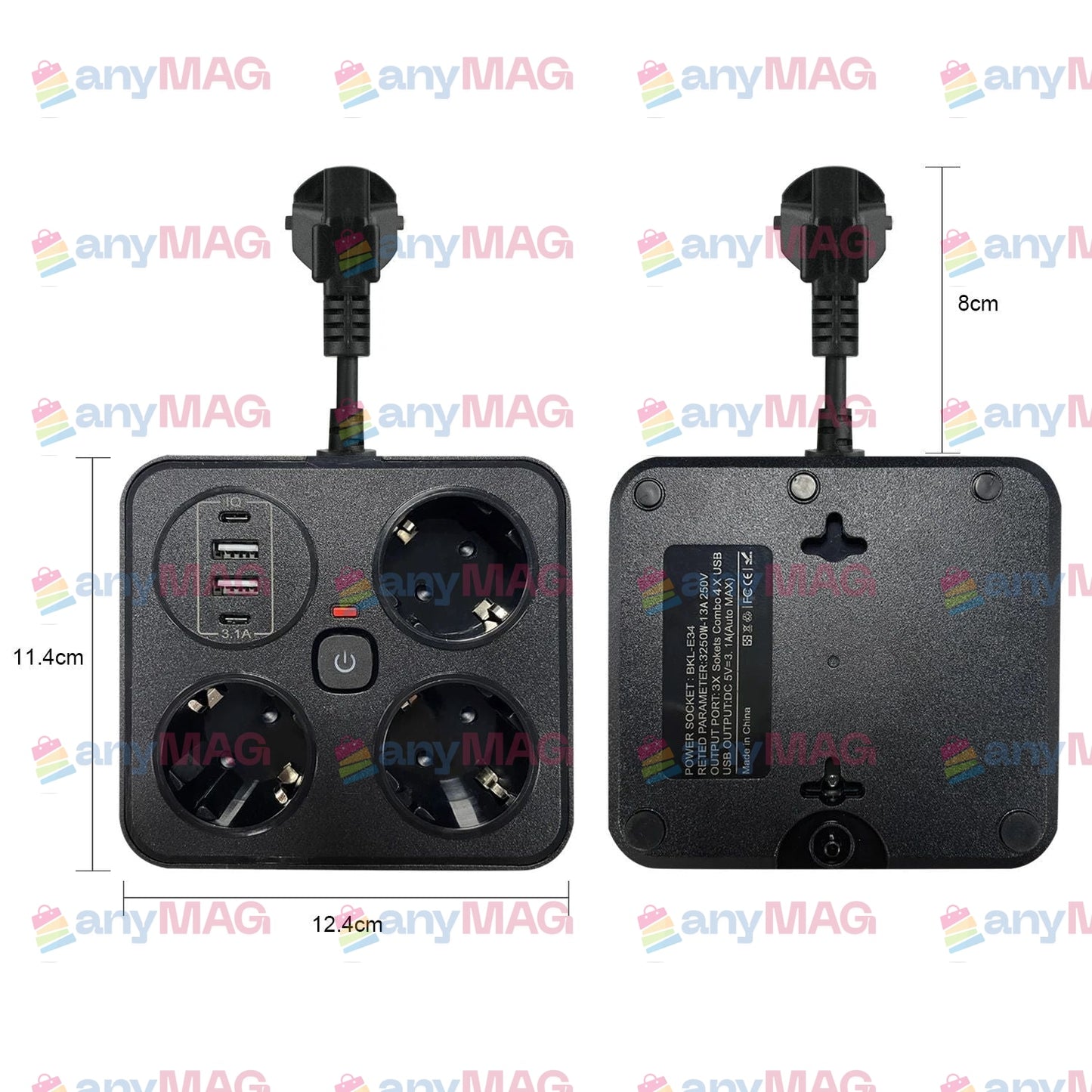 Prelungitor Multifuncțional cu USB – 3 Prize, 3250W, 2 x USB-A, 2 x PD USB-C, Cablu 2M, Tehnologie IQ, Ignifug, Protecție Copii & Supratensiune