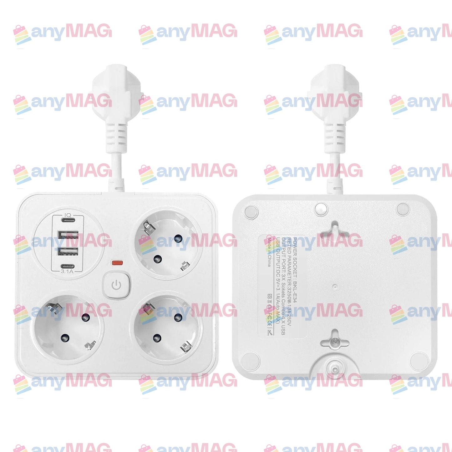 Prelungitor Multifuncțional cu USB – 3 Prize, 3250W, 2 x USB-A, 2 x PD USB-C, Cablu 2M, Tehnologie IQ, Ignifug, Protecție Copii & Supratensiune