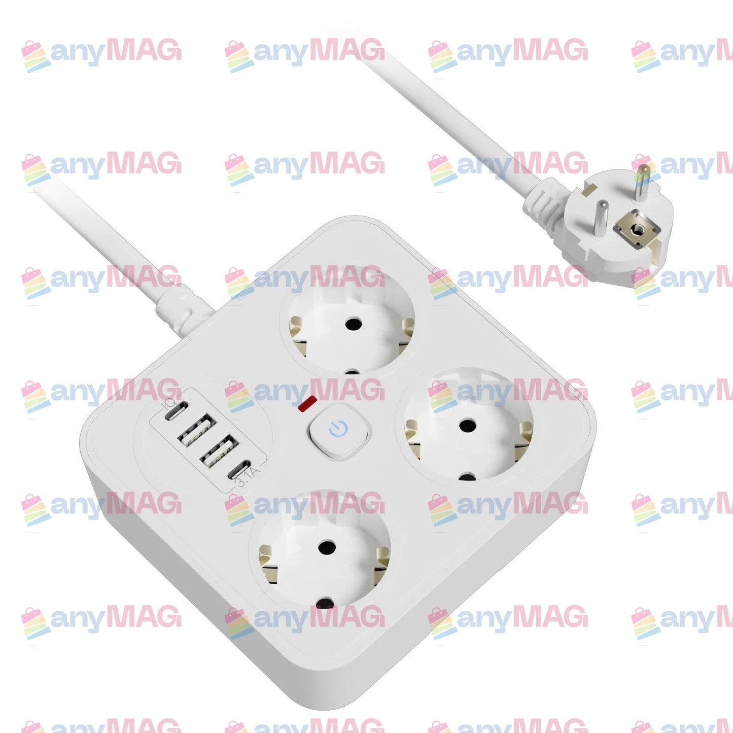 Prelungitor Multifuncțional cu USB – 3 Prize, 3250W, 2 x USB-A, 2 x PD USB-C, Cablu 2M, Tehnologie IQ, Ignifug, Protecție Copii & Supratensiune