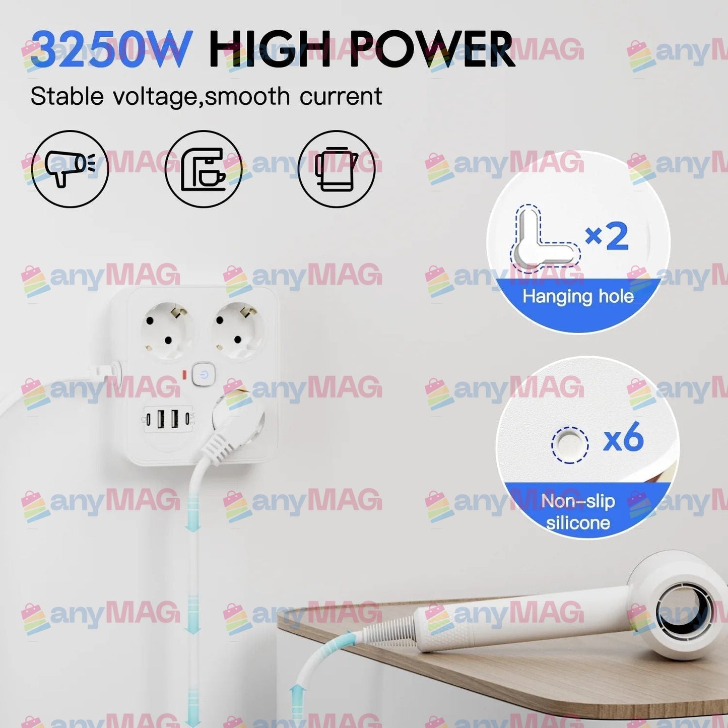 Prelungitor Multifuncțional cu USB – 3 Prize, 3250W, 2 x USB-A, 2 x PD USB-C, Cablu 2M, Tehnologie IQ, Ignifug, Protecție Copii & Supratensiune