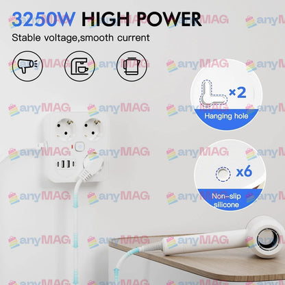 Prelungitor Multifuncțional cu USB – 3 Prize, 3250W, 2 x USB-A, 2 x PD USB-C, Cablu 2M, Tehnologie IQ, Ignifug, Protecție Copii & Supratensiune