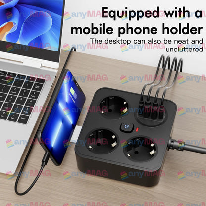 Prelungitor Multifuncțional cu USB – 3 Prize, 3250W, 2 x USB-A, 2 x PD USB-C, Cablu 2M, Tehnologie IQ, Ignifug, Protecție Copii & Supratensiune