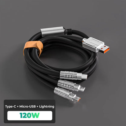 Cablu 3-in-1 (USB-C, Lightning, Micro-USB), 120W, 6A, lungime 1.2m. Încărcare super rapidă, rezistent la îndoiri, cu LED inteligent și construcție premium Zinc Alloy