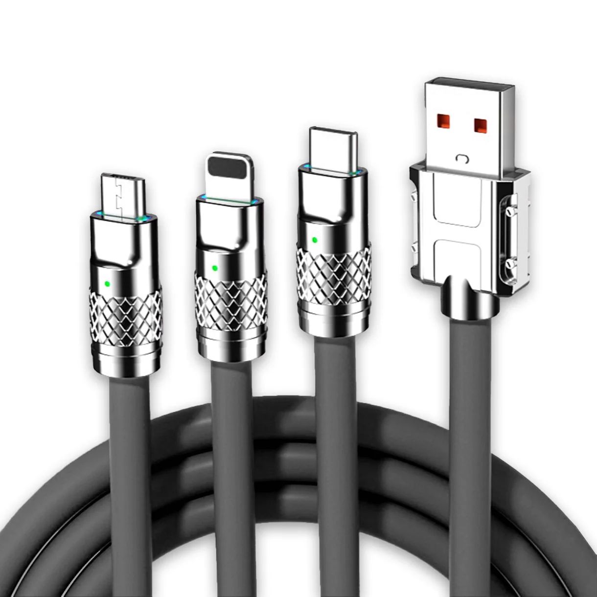 Cablu 3-in-1 (USB-C, Lightning, Micro-USB), 120W, 6A, lungime 1.2m. Încărcare super rapidă, rezistent la îndoiri, cu LED inteligent și construcție premium Zinc Alloy