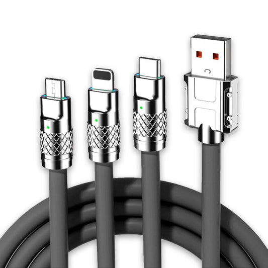 Cablu 3-in-1 (USB-C, Lightning, Micro-USB), 120W, 6A, lungime 1.2m. Încărcare super rapidă, rezistent la îndoiri, cu LED inteligent și construcție premium Zinc Alloy