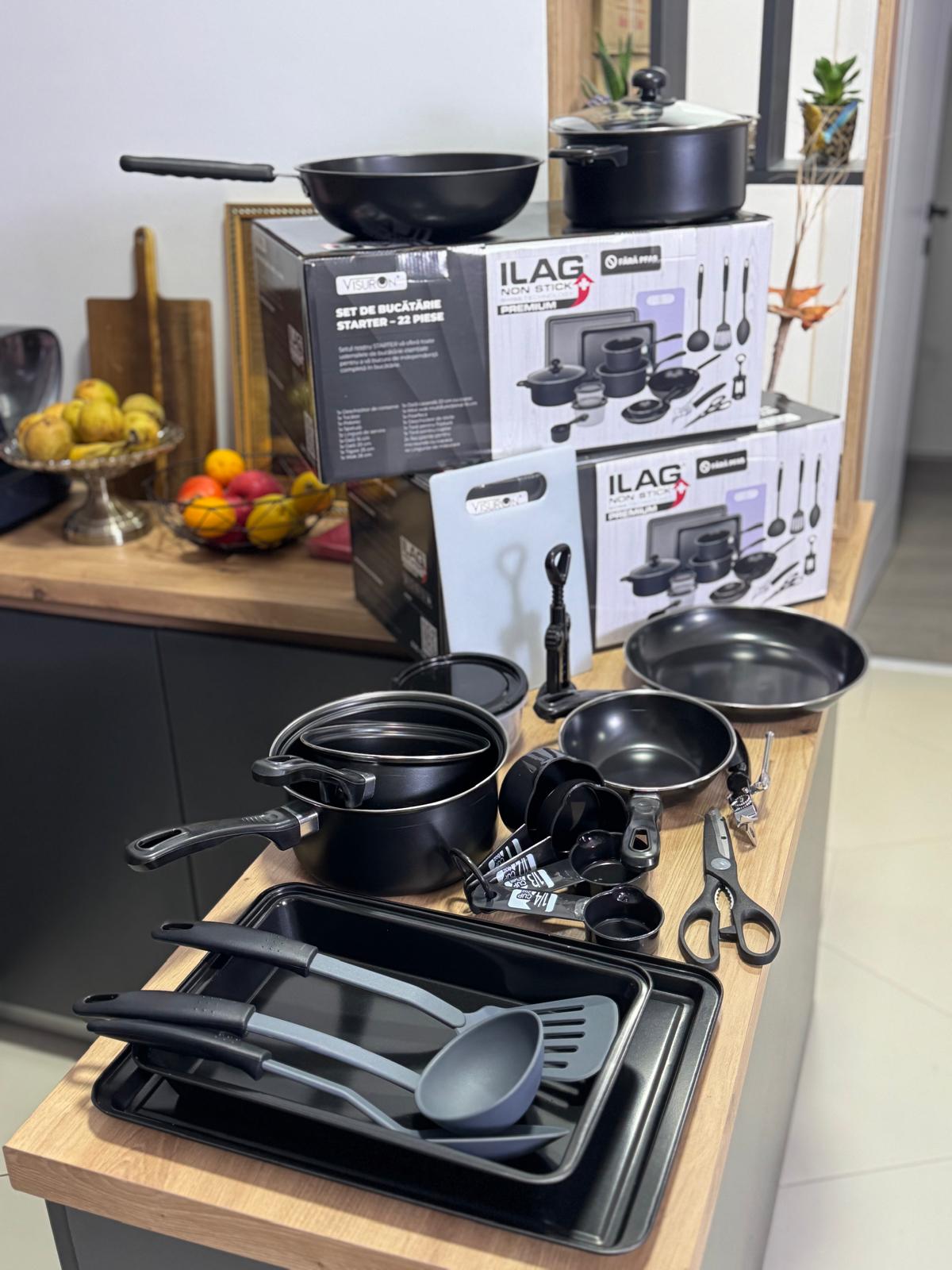 Set complet bucătărie 22 piese VISURON – Oale, tigăi, wok, ustensile, non-stick premium