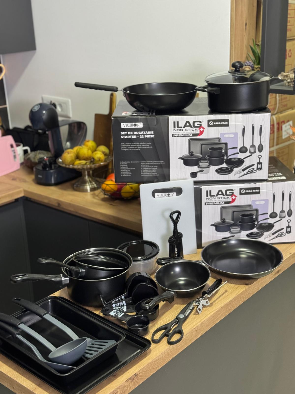 Set complet bucătărie 22 piese VISURON – Oale, tigăi, wok, ustensile, non-stick premium