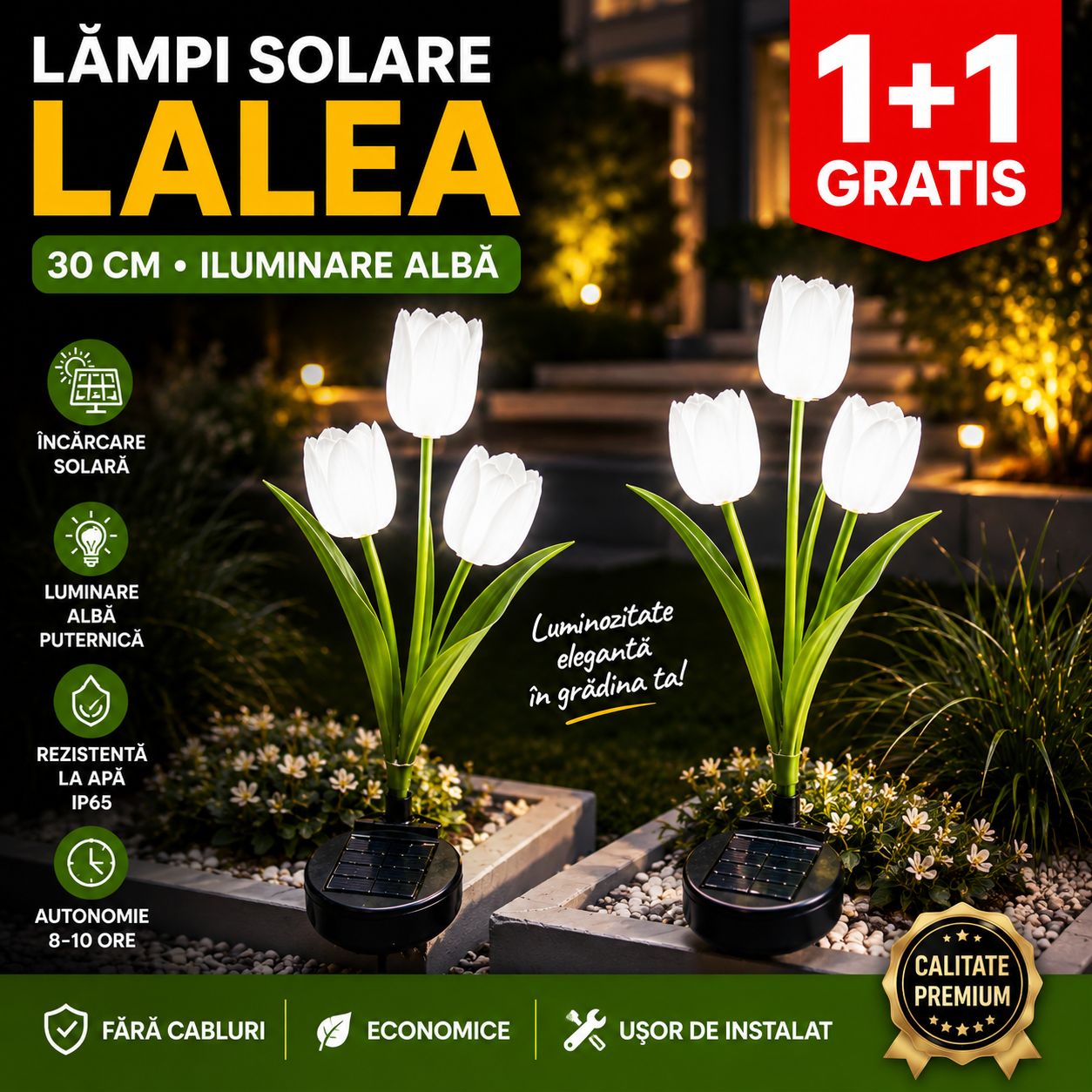 Lampă Solară de Grădină | 1+1 | Tip Lalea LED Alb – 30 cm, 30 lm, Iluminare Decorativă Exterior, Energie Solară