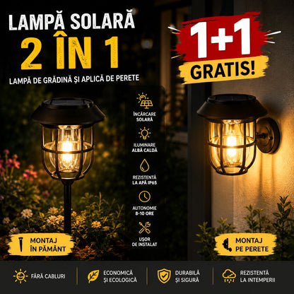 1+1 Lampă Solară 2-în-1 Stil Retro cu Țăruș pentru Grădină – Iluminare Decorativă Exterior
