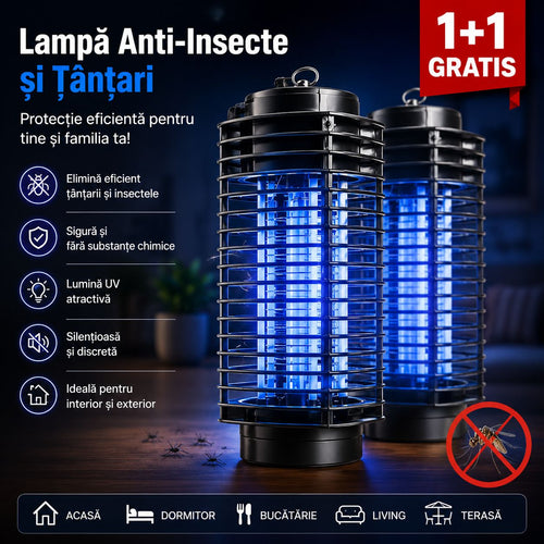 Lampă Anti-Insecte 1+1 cu Lumină UV 27 cm – Capcană Electrică pentru Țânțari și Insecte Zburătoare, Negru