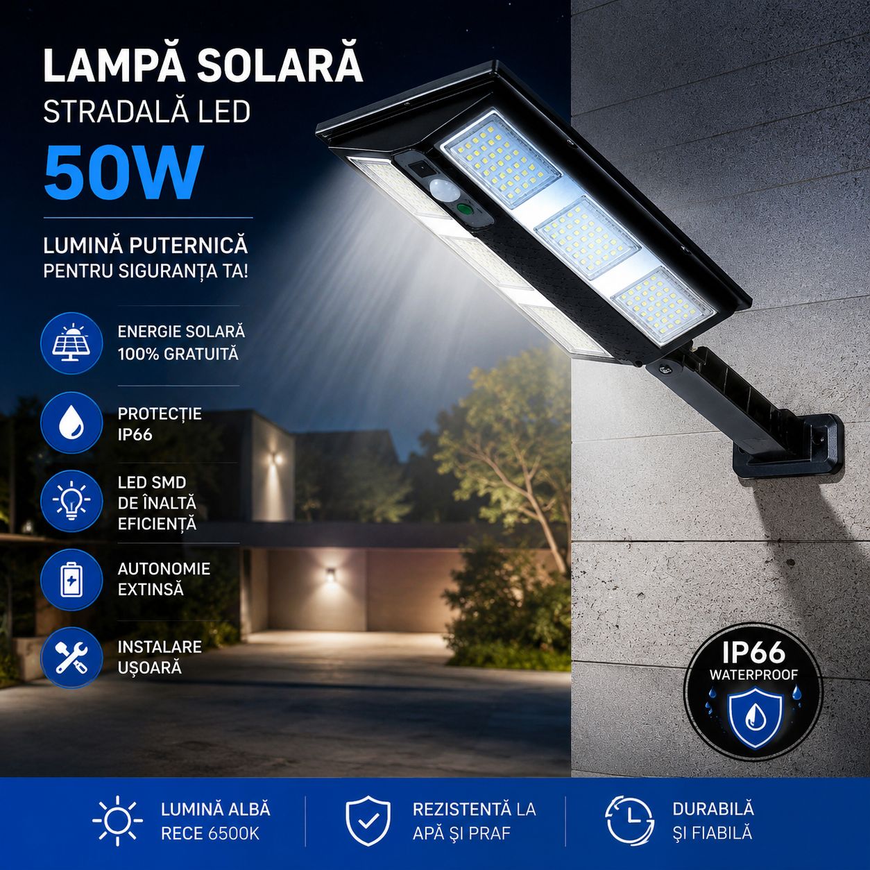 Lampă Solară Stradală LED Exterior 50W – 230 LED Next Gen, Senzor Mișcare, Telecomandă, IP66, Iluminat Inteligent