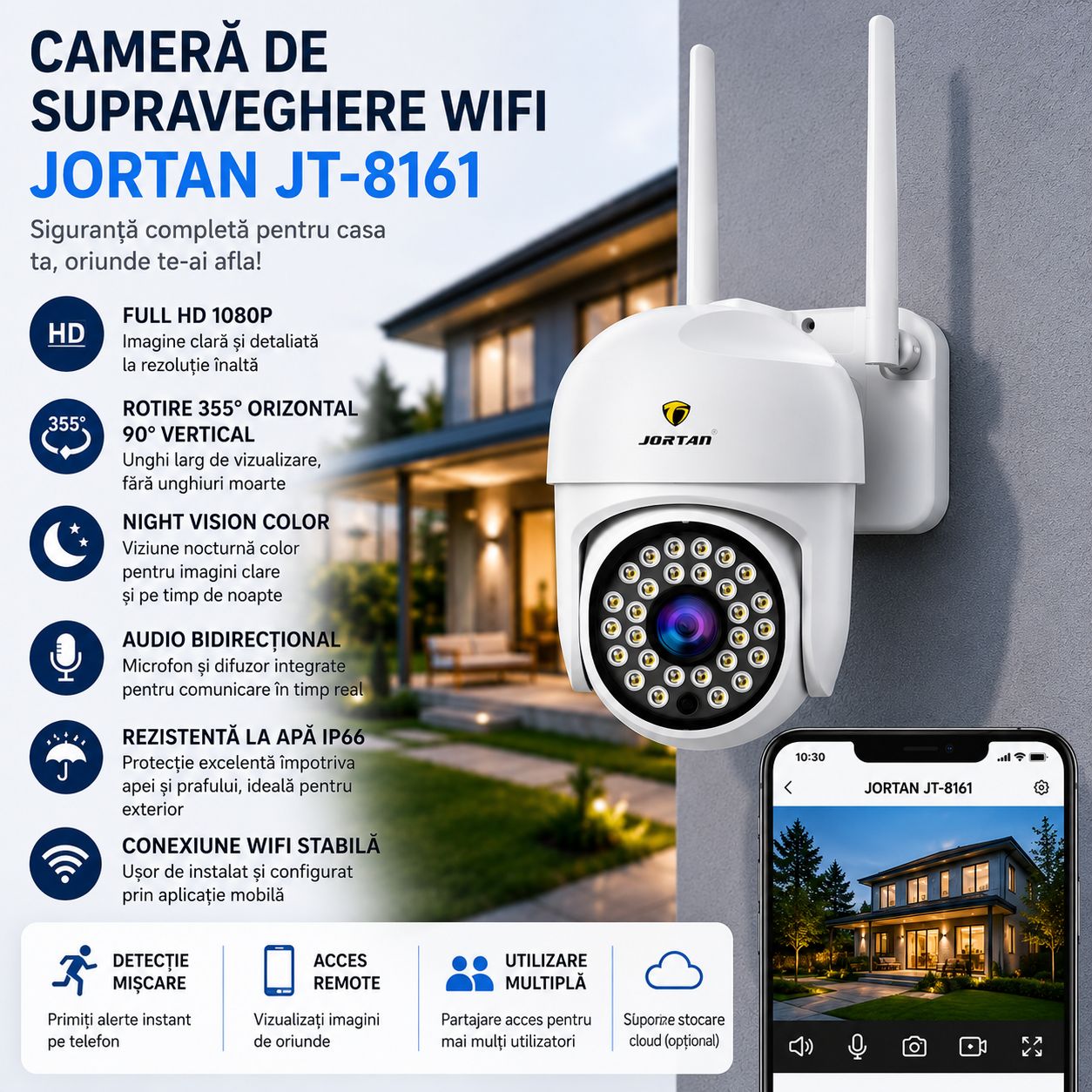 Pachet 4 Camere de Supraveghere WiFi Jortan JT-8161 + 4 Carduri 32GB Incluse – Full HD 1080P, Rotire 355°, Night Vision Color, Audio Bidirecțional