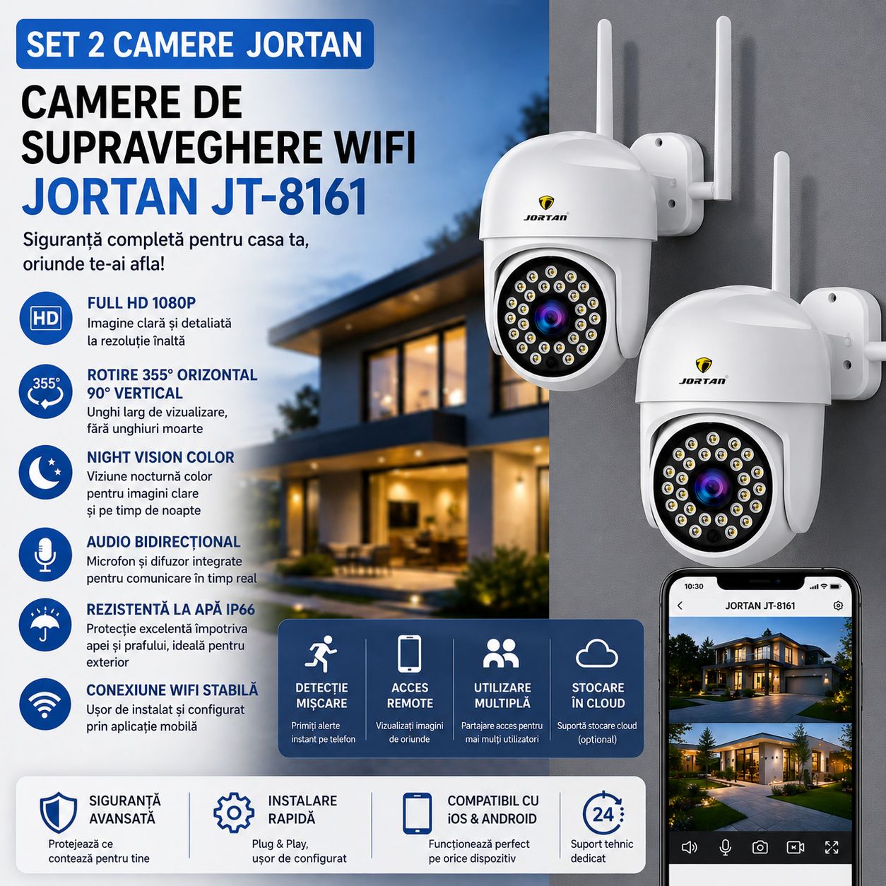 Pachet 2 Camere de Supraveghere WiFi Jortan JT-8161 + 2 Carduri 32GB Incluse – Full HD 1080P, Rotire 355°, Night Vision Color, Audio Bidirecțional