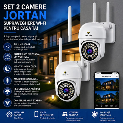 Pachet 2 Camere de Supraveghere WiFi Jortan JT-8161 – Full HD 1080P, Rotire 355°, Night Vision Color, Audio Bidirecțional, IP66