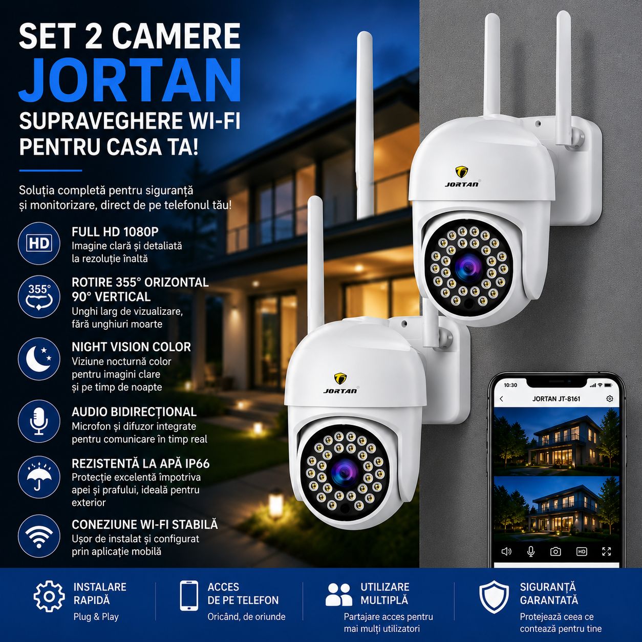 Pachet 2 Camere de Supraveghere WiFi Jortan JT-8161 + 2 Carduri 32GB Incluse – Full HD 1080P, Rotire 355°, Night Vision Color, Audio Bidirecțional