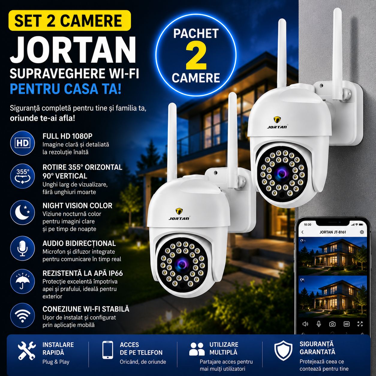 Pachet 2 Camere de Supraveghere WiFi Jortan JT-8161 + 2 Carduri 32GB Incluse – Full HD 1080P, Rotire 355°, Night Vision Color, Audio Bidirecțional