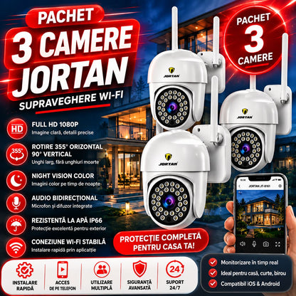 Pachet 3 Camere de Supraveghere WiFi Jortan JT-8161 – Full HD 1080P, Rotire 355°, Night Vision Color, Audio Bidirecțional, IP66