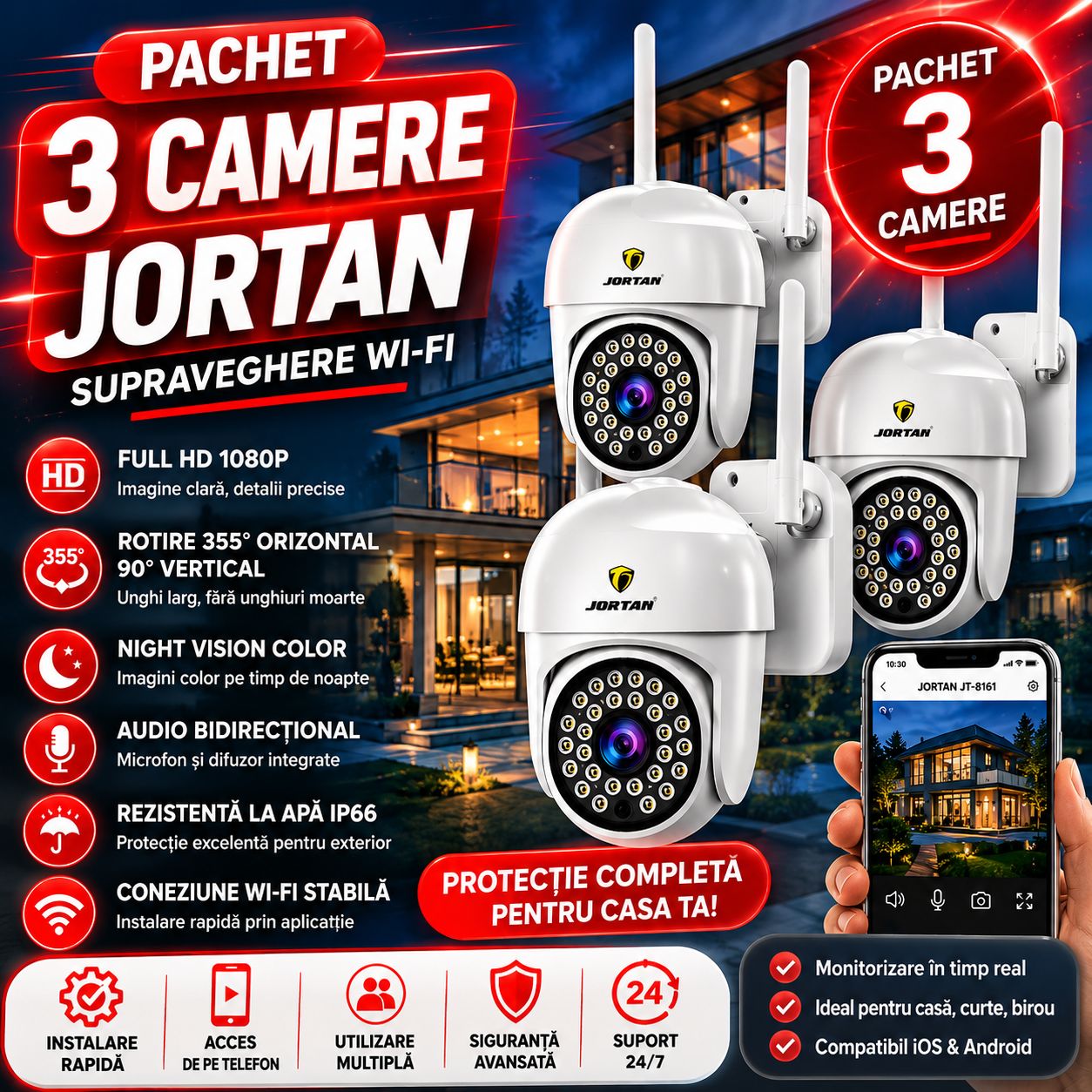 Pachet 3 Camere de Supraveghere WiFi Jortan JT-8161 + 3 Carduri 32GB Incluse – Full HD 1080P, Rotire 355°, Night Vision Color, Audio Bidirecțional