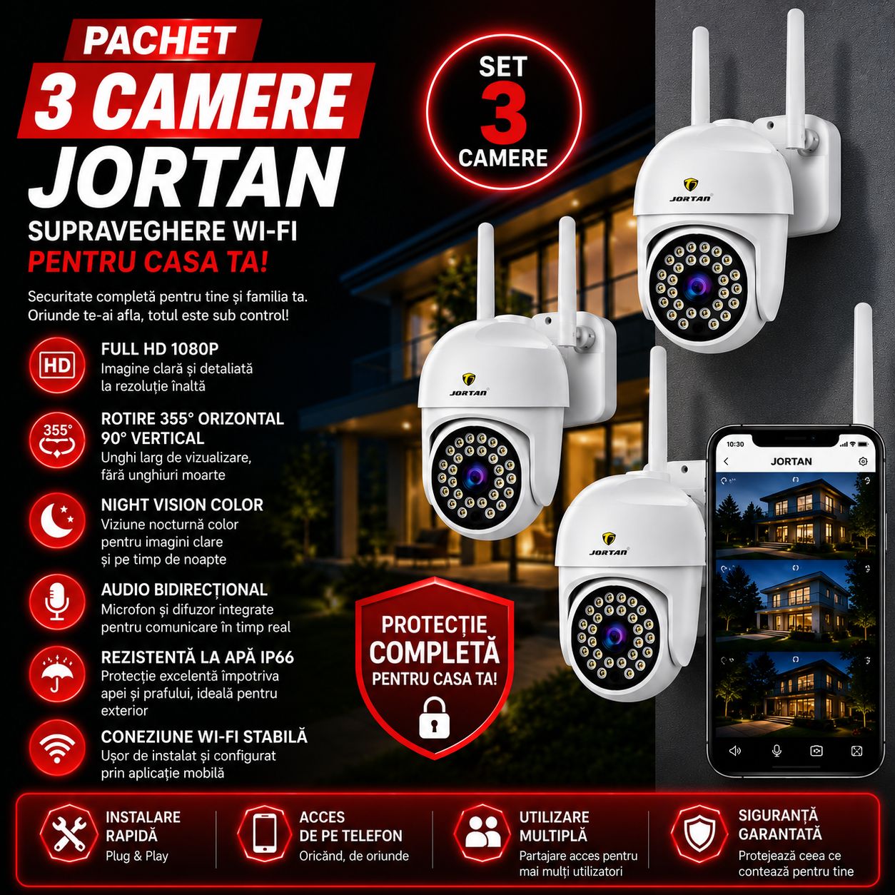 Pachet 3 Camere de Supraveghere WiFi Jortan JT-8161 + 3 Carduri 32GB Incluse – Full HD 1080P, Rotire 355°, Night Vision Color, Audio Bidirecțional