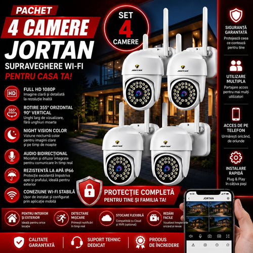 Pachet 4 Camere de Supraveghere WiFi Jortan JT-8161 – Full HD 1080P, Rotire 355°, Night Vision Color, Audio Bidirecțional, IP66