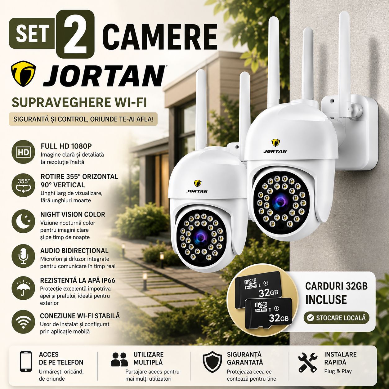 Pachet 2 Camere de Supraveghere WiFi Jortan JT-8161 + 2 Carduri 32GB Incluse – Full HD 1080P, Rotire 355°, Night Vision Color, Audio Bidirecțional
