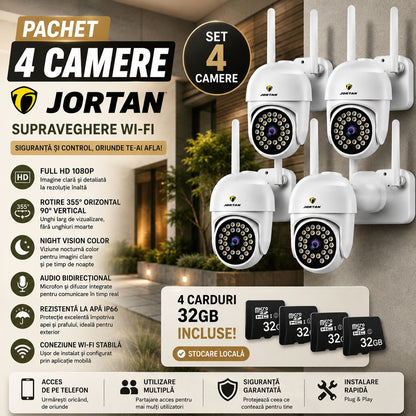 Pachet 4 Camere de Supraveghere WiFi Jortan JT-8161 + 4 Carduri 32GB Incluse – Full HD 1080P, Rotire 355°, Night Vision Color, Audio Bidirecțional