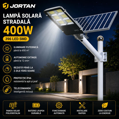 Lampă Solară Stradală Jortan 400W cu Panou Solar și Braț de Susținere – 396 LED SMD, Telecomandă, IP66, Autonomie Extinsă