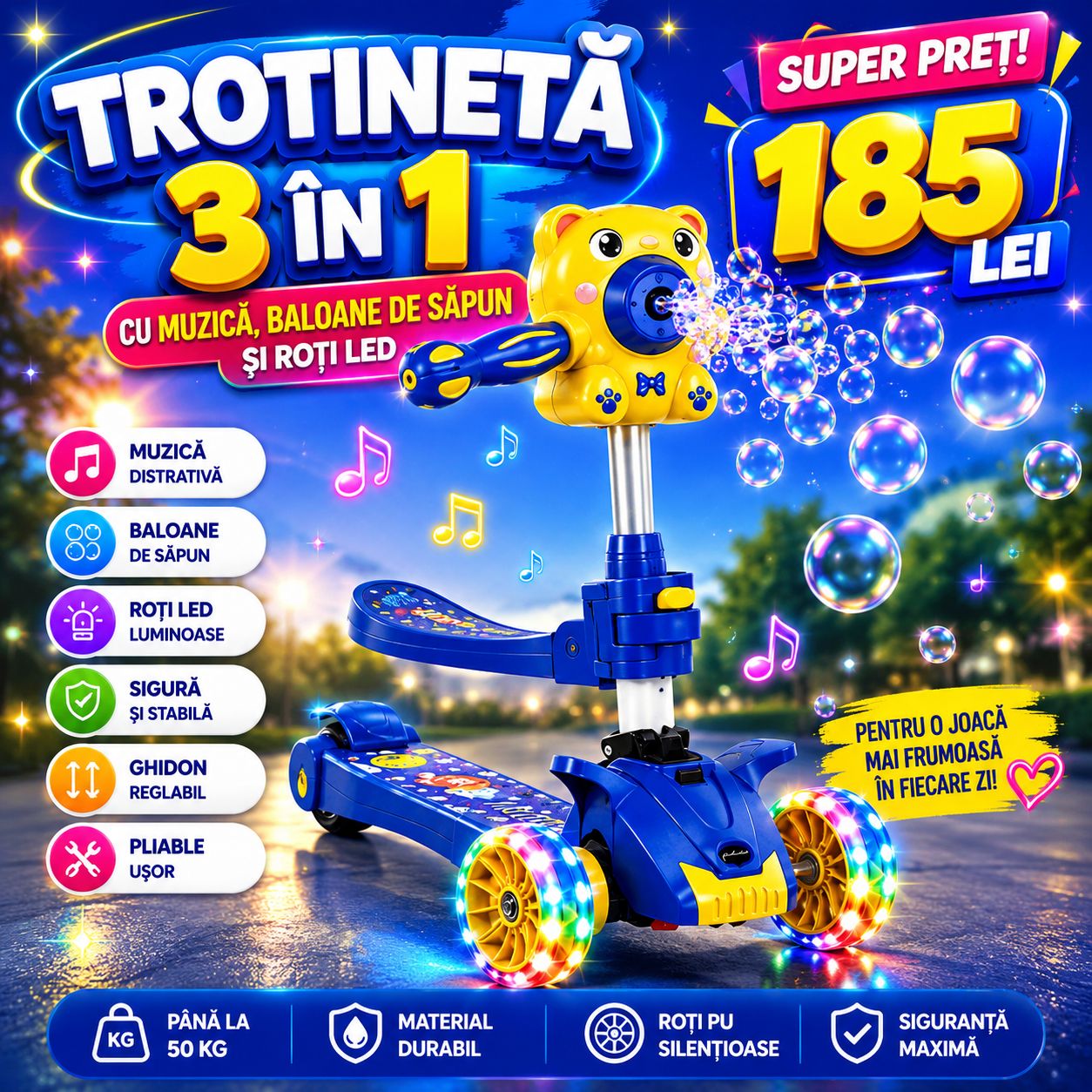 Trotinetă Copii cu Bule de Săpun, 3 Roți LED, Pliabilă, Muzică și Ghidon Reglabil, Albastră, 3–8 Ani