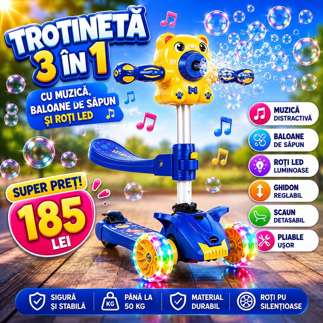 Trotinetă Copii cu Bule de Săpun, 3 Roți LED, Pliabilă, Muzică și Ghidon Reglabil, Albastră, 3–8 Ani
