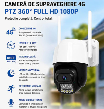 Cameră de Supraveghere 4G PTZ 360° Full HD 1080P Exterior, Rotire Pan-Tilt, Vedere Nocturnă, Detectare Mișcare, Audio Bidirecțional, Slot SIM 4G