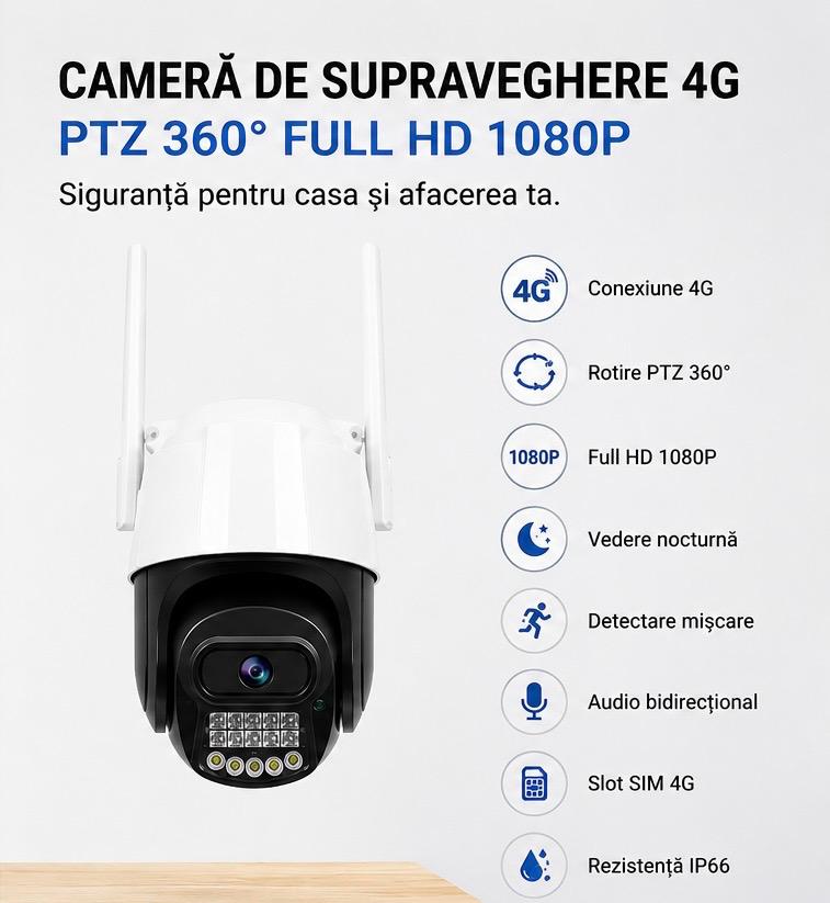 Cameră de Supraveghere 4G PTZ 360° Full HD 1080P Exterior, Rotire Pan-Tilt, Vedere Nocturnă, Detectare Mișcare, Audio Bidirecțional, Slot SIM 4G