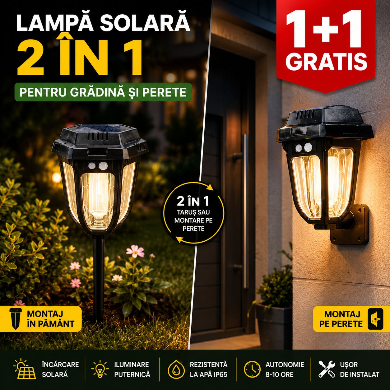 Lampă Solară 2-în-1 | 1+1 Stil Retro cu Țăruș pentru Grădină – Iluminare Decorativă Exterior