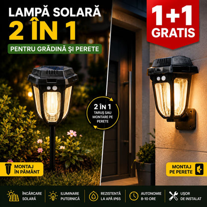 Lampă Solară 2-în-1 | 1+1 Stil Retro cu Țăruș pentru Grădină – Iluminare Decorativă Exterior