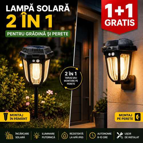 Lampă Solară 2-în-1 | 1+1 Stil Retro cu Țăruș pentru Grădină – Iluminare Decorativă Exterior