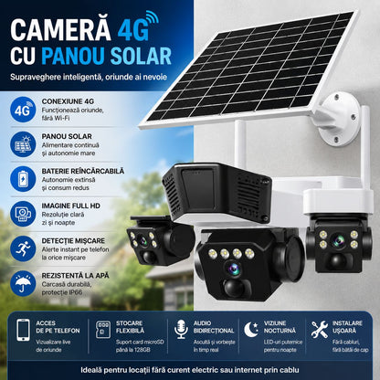 Cameră Supraveghere Exterior 4G, 3-în-1 cu Panou Solar și 3 Lentile