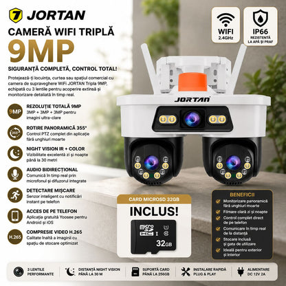 Camera de Supraveghere WiFi Jortan Tripla 9MP PTZ 355° cu 3 Lentile, Night Vision Color, Audio Bidirecțional, IP66 + Card 32GB Inclus