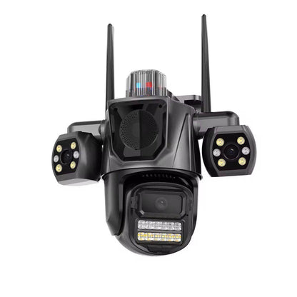 Cameră Supraveghere Triplă WiFi – Vizzyo TriShield 3 în 1, 9MP, PTZ 360°, Audio Bidirecțional, IP66