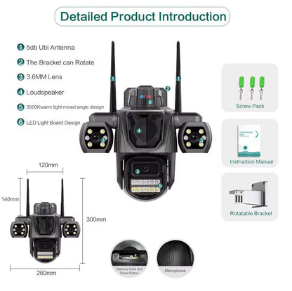 Cameră Supraveghere Triplă WiFi – Vizzyo TriShield 3 în 1, 9MP, PTZ 360°, Audio Bidirecțional, IP66