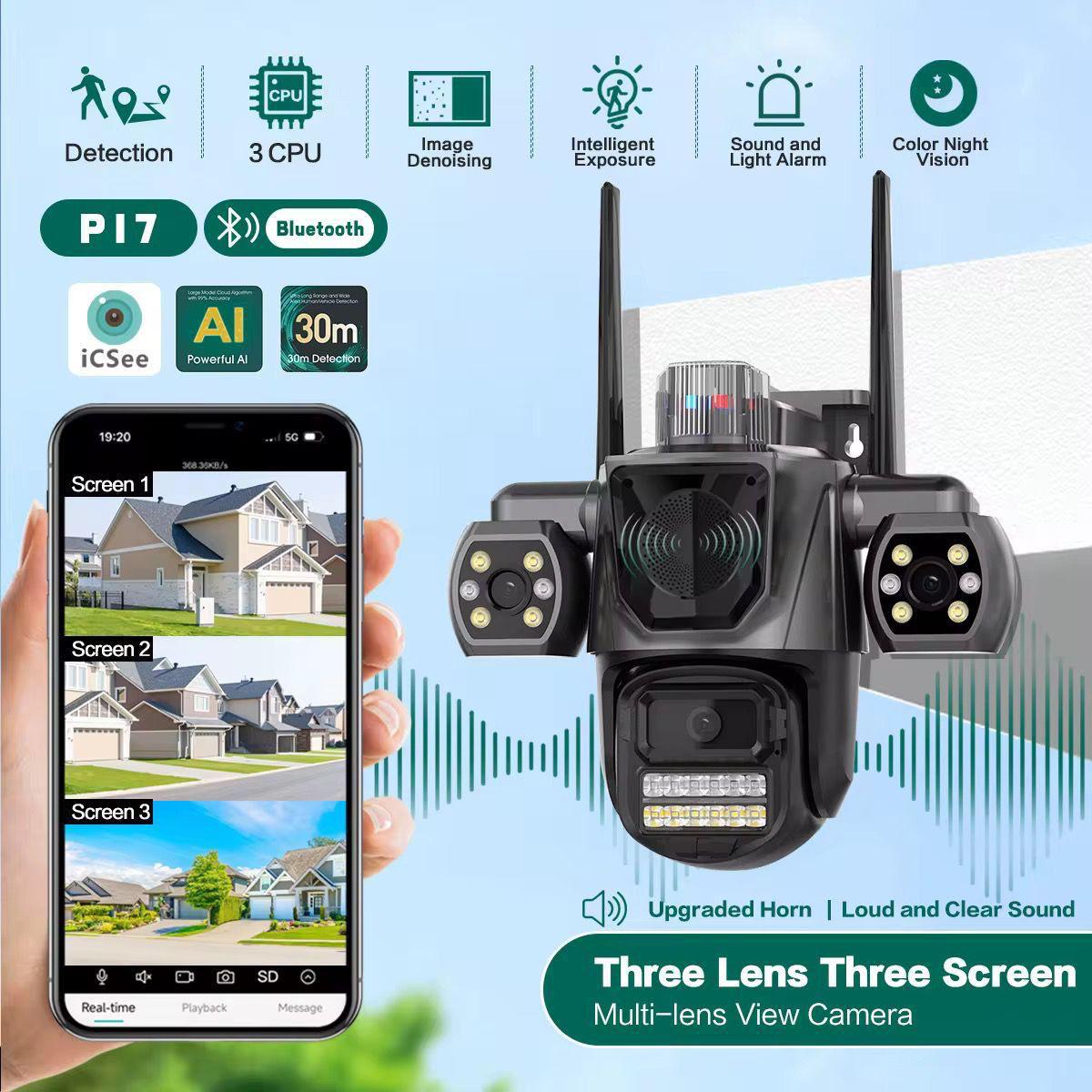 Cameră Supraveghere Triplă WiFi – Vizzyo TriShield 3 în 1, 9MP, PTZ 360°, Audio Bidirecțional, IP66