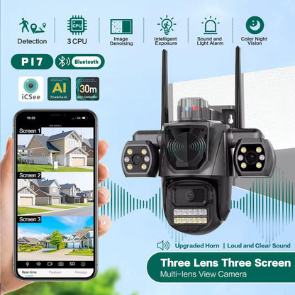 Cameră Supraveghere Triplă WiFi – Vizzyo TriShield 3 în 1, 9MP, PTZ 360°, Audio Bidirecțional, IP66